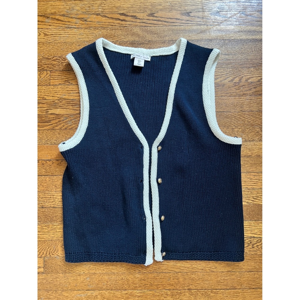 Sincerely‎ Jules Navy Blue White Trim Knit Sweater Vest Gold Buttons Large